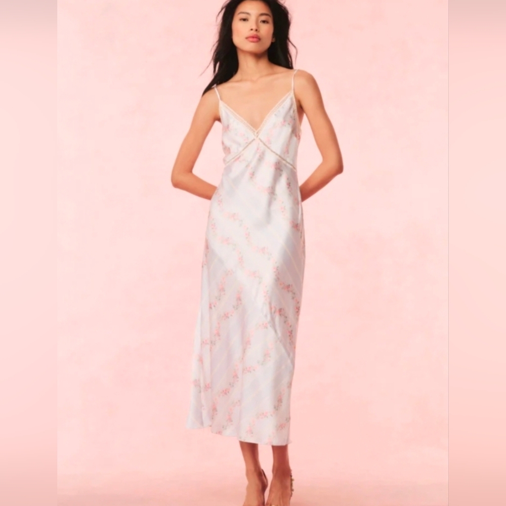 NWT Loveshackfancy Ermon Maxi Slip Dress Wavecrest Blue Sz XXL